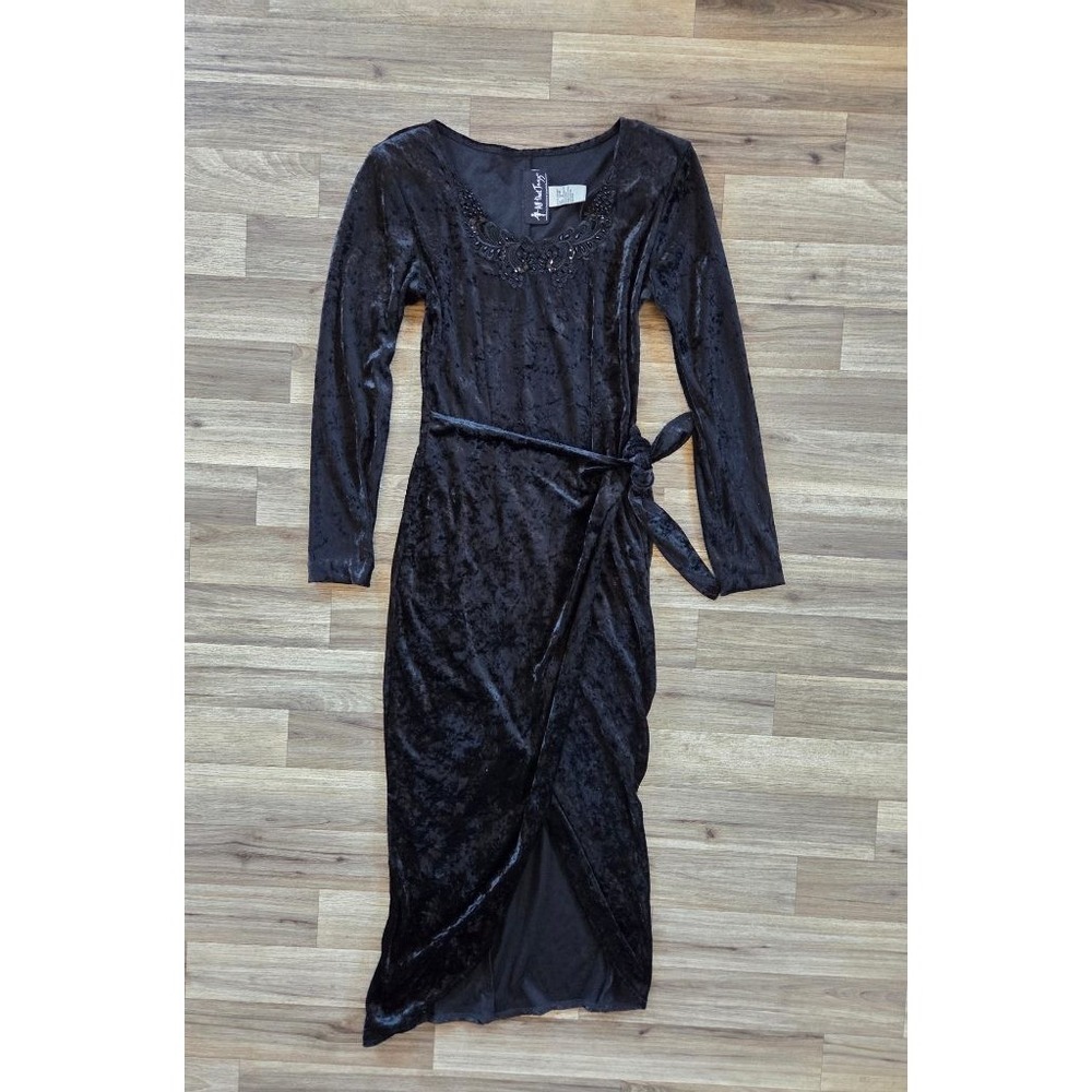 VTG All That Jazz Crushed Velvet Maxi Dress S Beaded Whimsigoth Wrap Slit Black - Picture 2 of 12